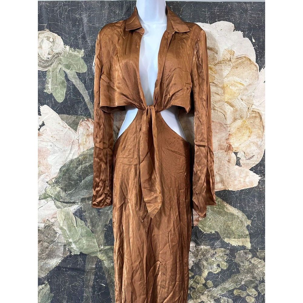 New Felicity Long Sleeve Tie Front Midi Dress in Almond Shona Joy Size Us 6 - Picture 6 of 9